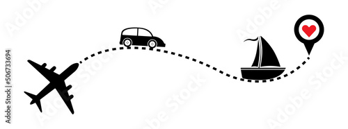 Travel agency banner concept illustration. Airplane, car, boat, map pin vector illustration. Travel, transport concept illustration to use in tourism, summer holiday, business travel projects.
