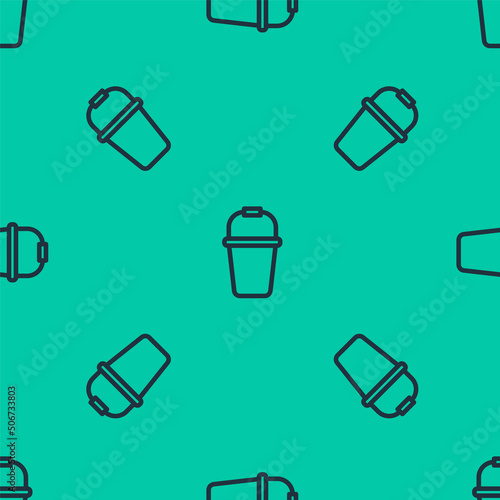 Blue line Bucket icon isolated seamless pattern on green background. Vector