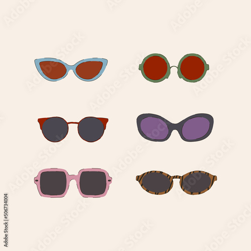 A set of summer sunglasses from the sun. The illustration in the vector of glasses is multicolored. Glasses with colored glasses for textiles. Vector illustration