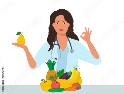 Nutrition therapy with healthy food and physical activity. Vector illustration in cartoon style