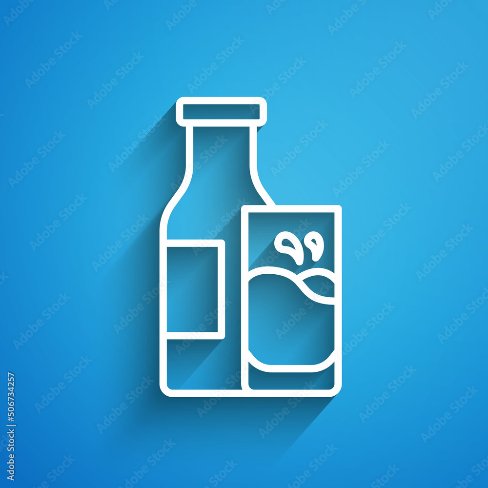 White line Closed glass bottle with milk and glass icon isolated on blue background. Long shadow. Vector White line Closed glass bottle with milk and glass icon isolated on blue background. Long shadow. Vector