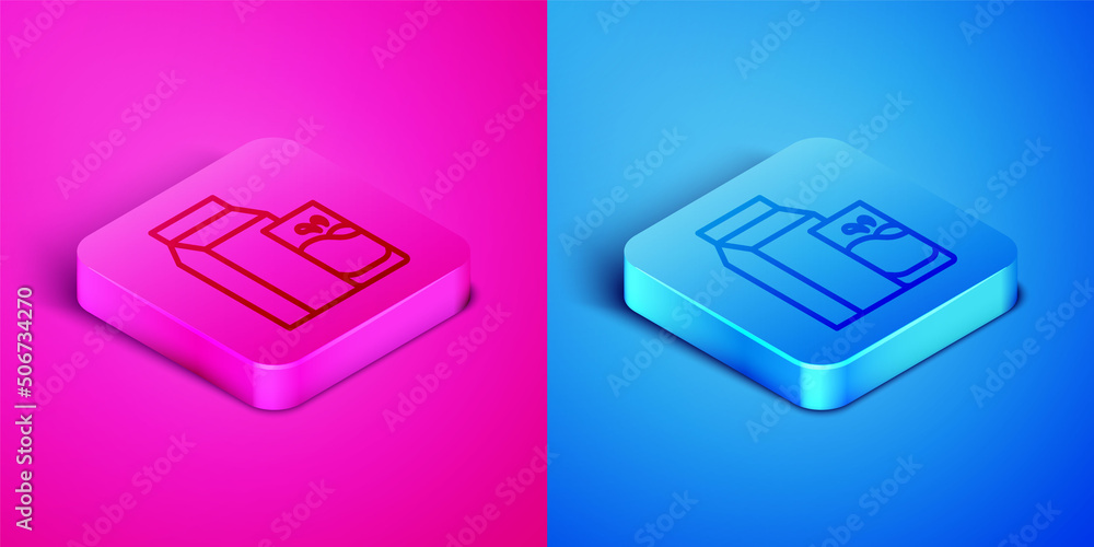 Isometric line Paper package for kefir and glass icon isolated on pink and blue background. Dieting food for healthy lifestyle and probiotics fulfillment. Square button. Vector Isometric line Paper package for kefir and glass icon isolated on pink and blue background. Dieting food for healthy lifestyle and probiotics fulfillment. Square button. Vector