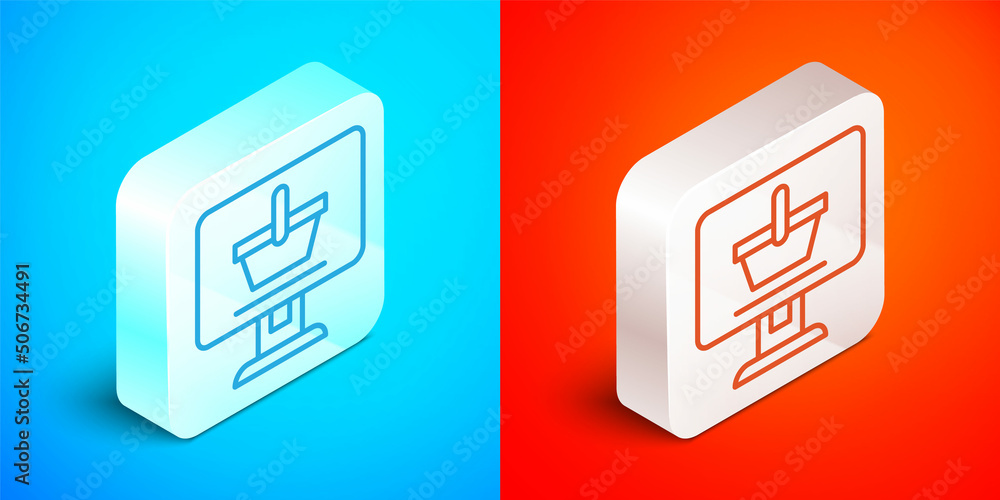 Isometric line Shopping cart on screen computer icon isolated on blue and red background. Concept e-commerce, e-business, online business marketing. Silver square button. Vector Isometric line Shopping cart on screen computer icon isolated on blue and red background. Concept e-commerce, e-business, online business marketing. Silver square button. Vector