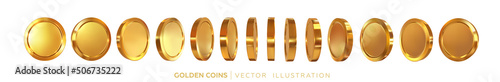 Gold coins rotating in different positions. A set of 3d money in different directions. Vector illustration photo