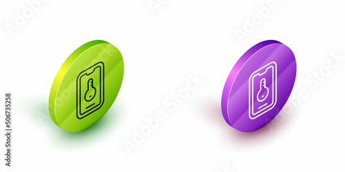Isometric line Online real estate house on smartphone icon isolated on white background. Home loan concept, rent, buy, buying a property. Green and purple circle buttons. Vector