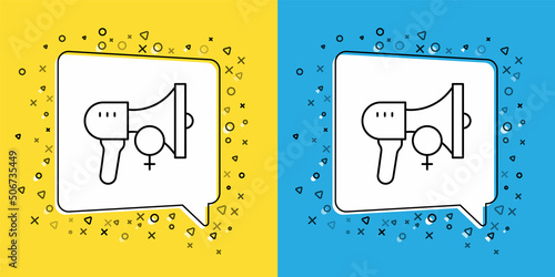 Set line Female movement, feminist activist with banner and placards icon isolated on yellow and blue background. Feminist rights movement, feminism sisterhood. Vector