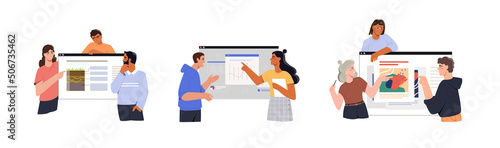 Teams set presenting projects. Groups of men and women talk about information developments, financial reports and new website interfaces. Cartoon flat vector collection isolated on white background