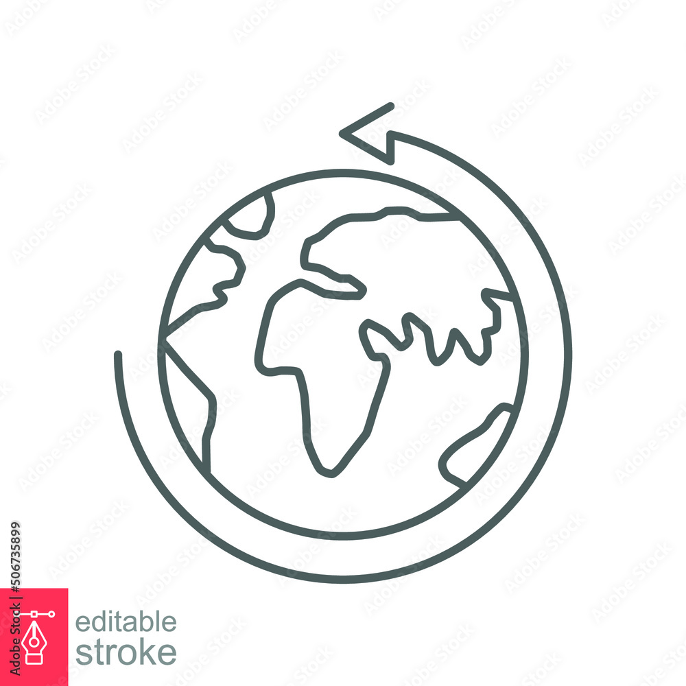 Earth globe icon. Simple outline style. Around planet with arrow. Thin line symbol. Vector illustration isolated on white background. Editable stroke EPS 10. Earth globe icon. Simple outline style. Around planet with arrow. Thin line symbol. Vector illustration isolated on white background. Editable stroke EPS 10.