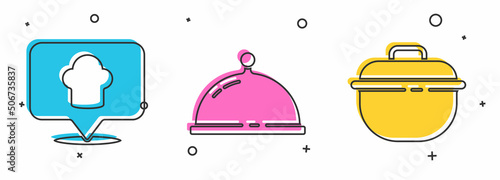 Set Chef hat with location, Covered with tray of food and Cooking pot icon. Vector