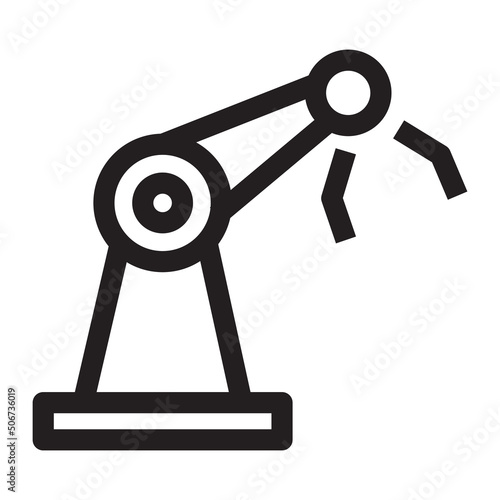Assembly robot in a factory icon in outline style on white background.