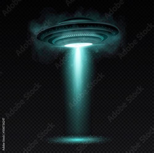 Realistic blue UFO. Beam of light from sky, destruction of people and property. Fantasy and imagination, space and galaxy, universe. Futuristic images, innovation. Isometric vector illustration