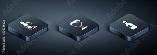 Set Isometric Champagne bottle and glass, Wine and icon. Vector