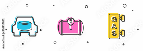 Set Spare wheel in the car, Gas tank for vehicle and filling station icon. Vector
