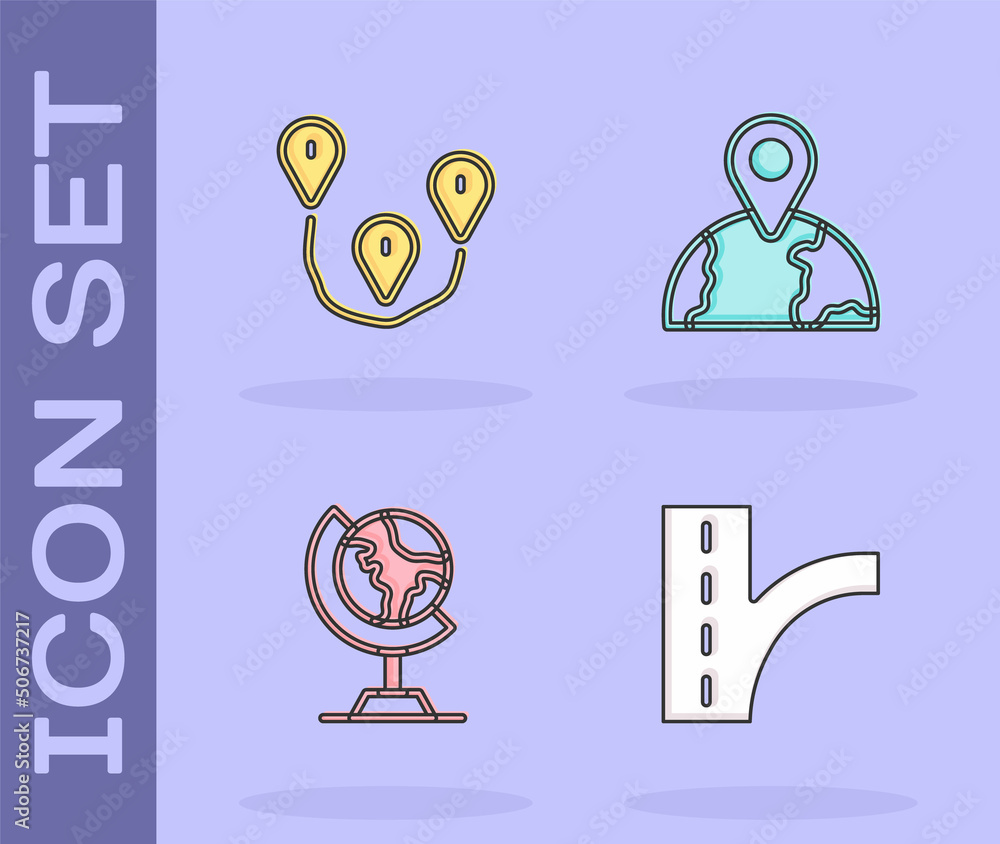 Set Road traffic sign, Route location, Earth globe and Location the icon. Vector Set Road traffic sign, Route location, Earth globe and Location the icon. Vector