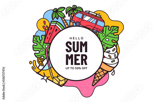 Hello Summer. Round badge with colorful summer season elements - green leafs, palms, cocktail, travel bus, ice cream. Ideal for sale banner design, party invitation, flyer. Vector illustration.