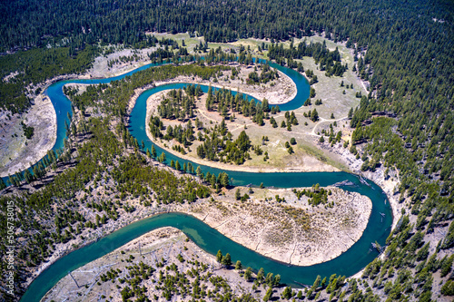 Aerial view of the Deschutes River near Pringle Falls, Oregon.