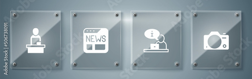 Set Photo camera, Television report, News and Breaking news. Square glass panels. Vector