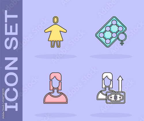 Set Money growth woman, Female, and Packaging of birth control pills icon. Vector