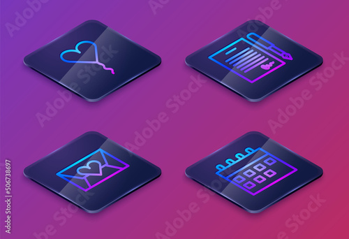 Set Isometric line Balloon in form of heart, Envelope with Valentine, Marriage contract and Calendar. Blue square button. Vector
