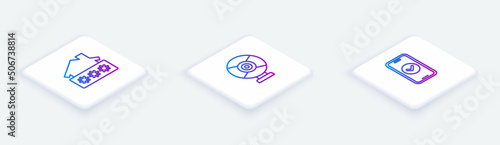 Set Isometric line House with password, Security camera and Smartphone. White square button. Vector