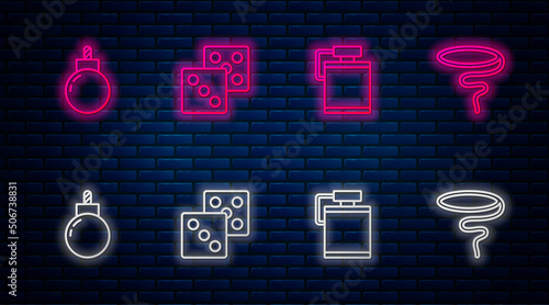Set line Game dice, Canteen water bottle, Bomb ready to explode and Lasso. Glowing neon icon on brick wall. Vector