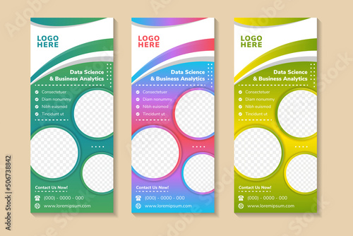 data science and business analytic banner template design with photo and text placement, professional eye-catchy colorful design. Standard for web page banner and social media post, vertical layout.