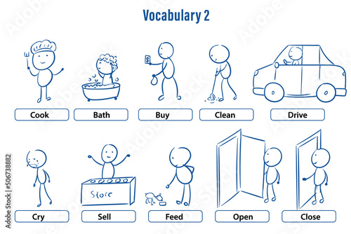 English vocabulary 2 set daily activities vector photo