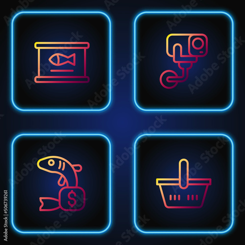 Set line Shopping basket, Price tag for fish, Canned and Security camera. Gradient color icons. Vector