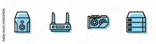 Set line Video graphic card, Uninterruptible power supply, Router and wi-fi signal and Server, Data, Web Hosting icon. Vector