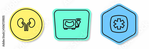 Set line Human kidneys, Ultrasound and Emergency - Star of Life. Colored shapes. Vector