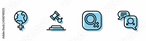 Set line Female gender, Feminism in the world, rights and Gender equality icon. Vector