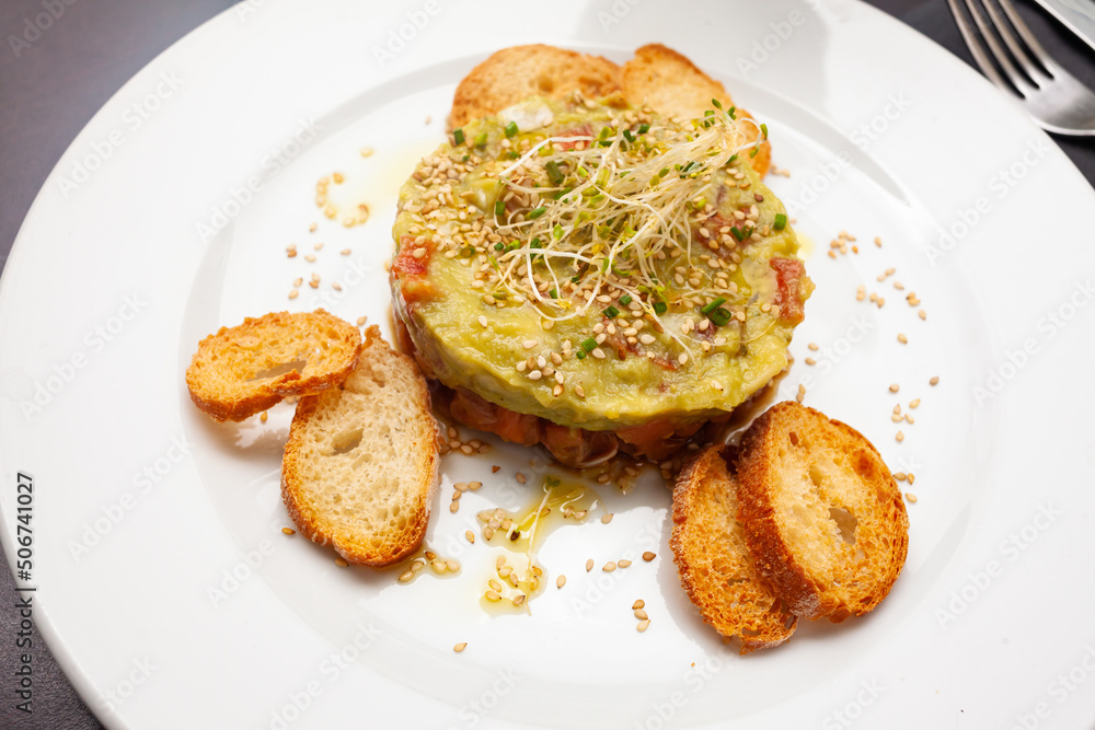 Gourmet salmon tartare with guacamole and toasted bread served on white plate