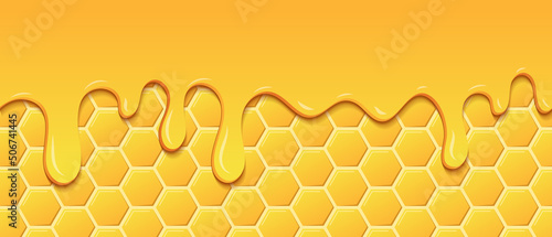 Yellow pattern with honeycomb and honey drips. Dripping honey seamless pattern. Gold honey hexagonal cells seamless texture. Vector illustration