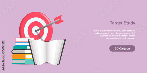 School education banner. 3D cartoon style study target concept, reading a book with dartboard arrow