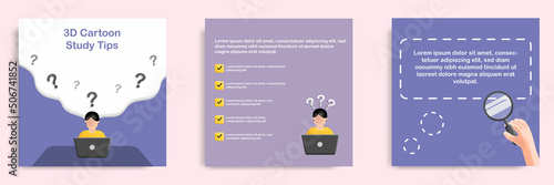 Social media tutorial, tips post banner layout template in 3D cartoon style. Study, research concept