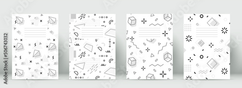 Geometric cover study memphis notebook flat set. Black white screen saver school copybook student youth style geometry math. Hipster monochrome 80-90s crochet zigzag shape circle minimal cover page