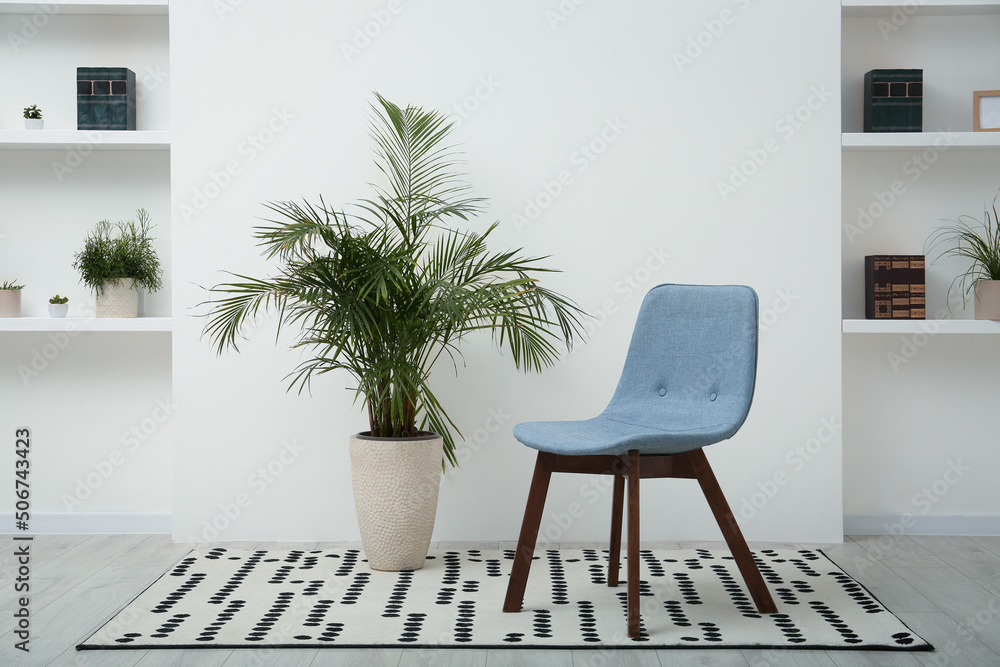 Fototapeta premium Stylish comfortable grey chair and beautiful houseplant in light room