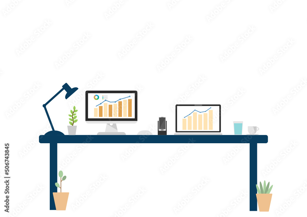 Fototapeta premium vector illustration home office data analysis, growth investing graph, progress automatic data analysis management, full time investing at home or office