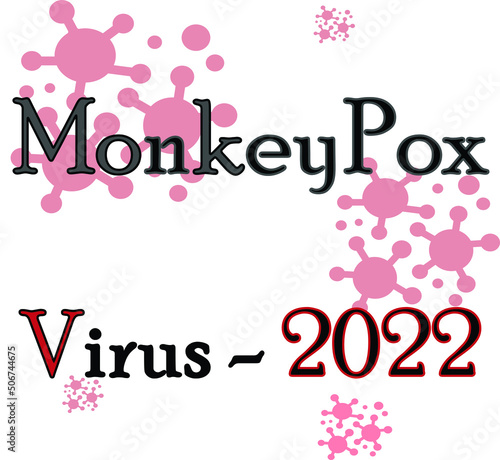 MONKEYPOX VIRUS. Monkeypox is a zoonotic viral disease that can infect nonhuman primates, rodents, and some other mammals. Virus design with text. Horizontal illustration.
