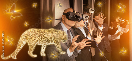 Scared business people in vr glasses over toned image of walking jaguar and shining butterflies. Concept of illusory risks and business success..