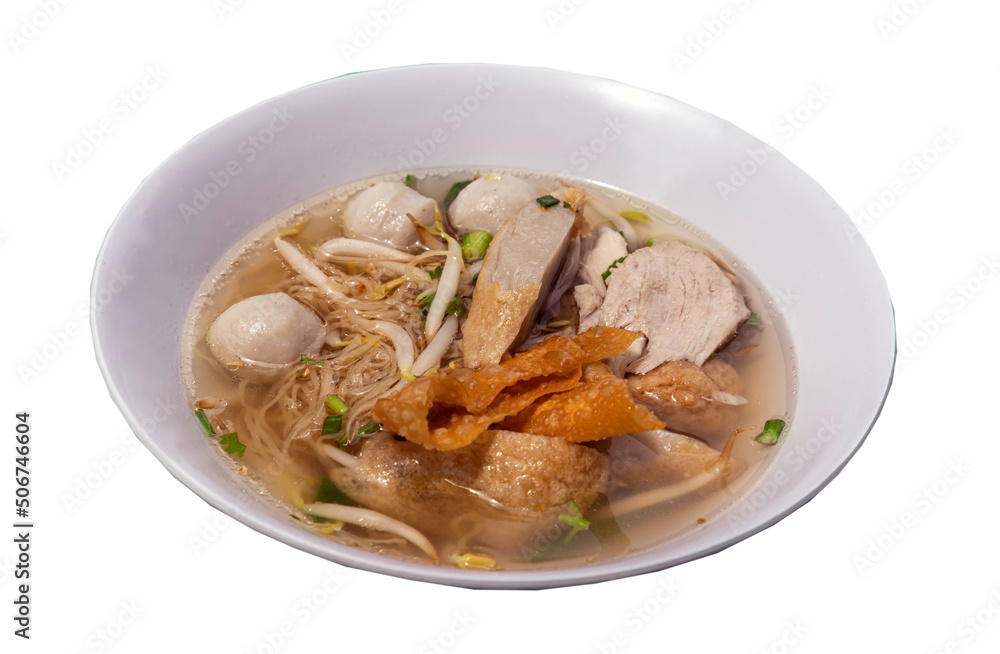 Traditional egg noodles soup with fish ball, shrimp meatball, pork, fried wonton and bean sprouts in white bowl isolated on white background with clipping path. Asian style food. Selective focus. Traditional egg noodles soup with fish ball, shrimp meatball, pork, fried wonton and bean sprouts in white bowl isolated on white background with clipping path. Asian style food. Selective focus.