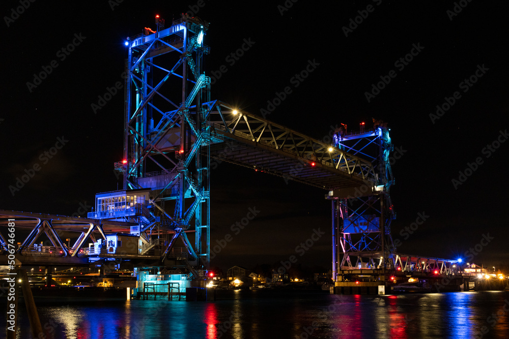 Night View of the World War I Memorial Bridge between Portsmouth, New Hampshire and Kittery, Maine in a Raised Position