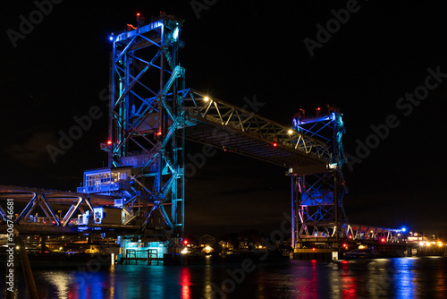 Night View of the World War I Memorial Bridge between Portsmouth, New Hampshire and Kittery, Maine in a Raised Position photo