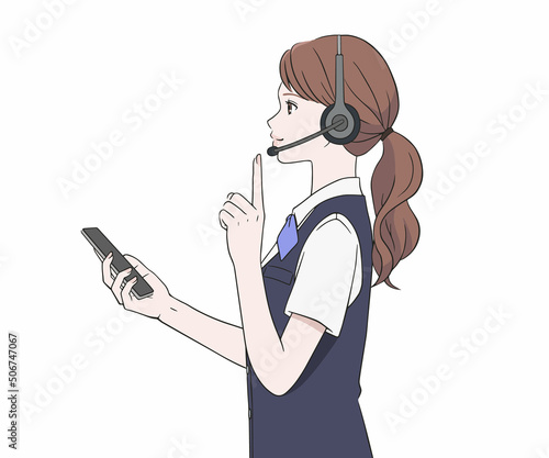スマートフォンを持ち、人差し指を立てるオペレーターの女性