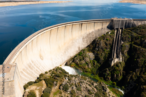 Bird's eye view of Almendra Dam in Salamanca, Spain. Villarino Dam interrupts course of Tormes River. photo