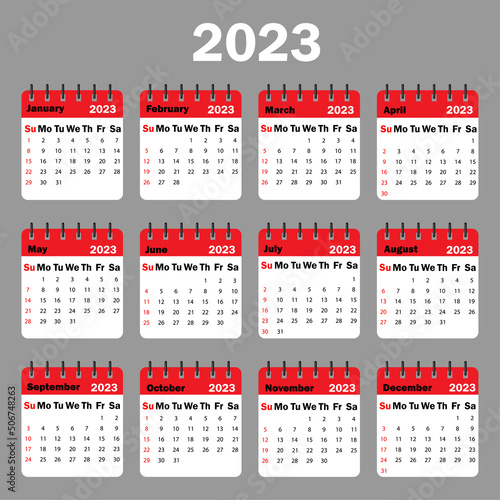 red calendar 2023. All months of 2023 on spiral. 2023 number design template. Vector illustration. stock image.