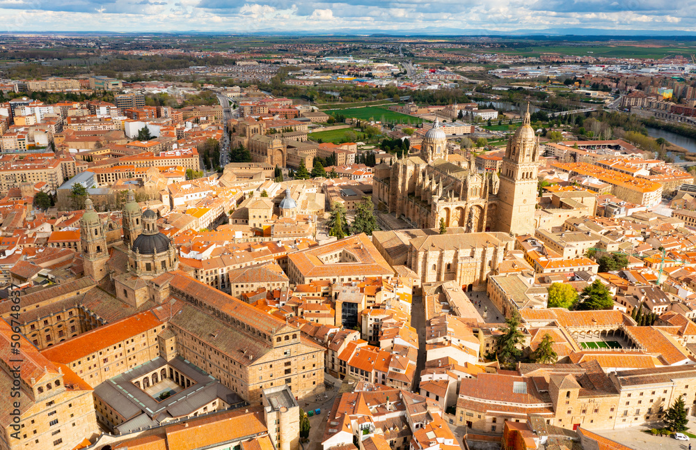 Aerial view of beautiful architecture of Salamanca with Main Square and Holy Spirit Church, Leon, Spain