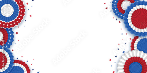4th of July American Independence Day. Happy Independence Day. Red, blue and white star confetti, paper decorations on white background. Flat lay, top view, copy space, banner
