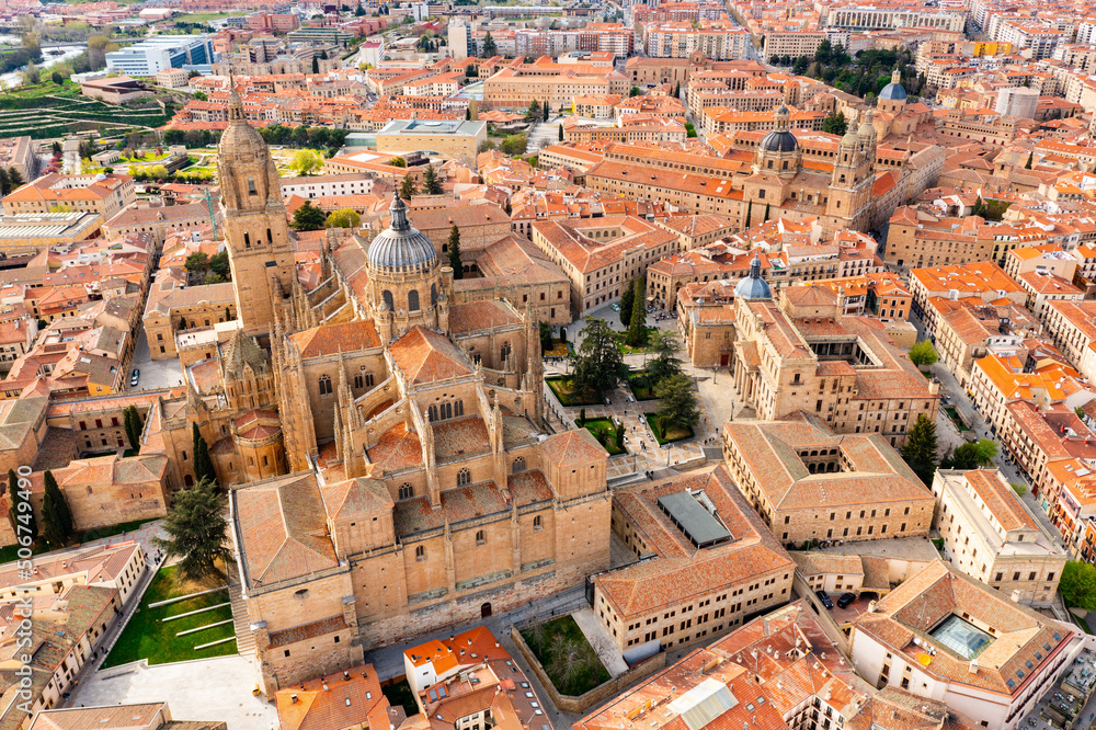 Aerial view of beautiful architecture of Salamanca with Main Square and Holy Spirit Church, Leon, Spain