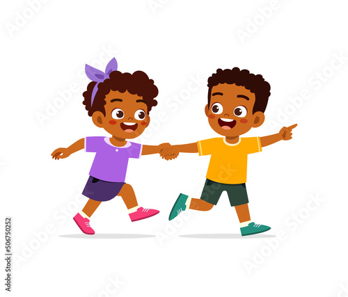 little kid holding hand and walk together